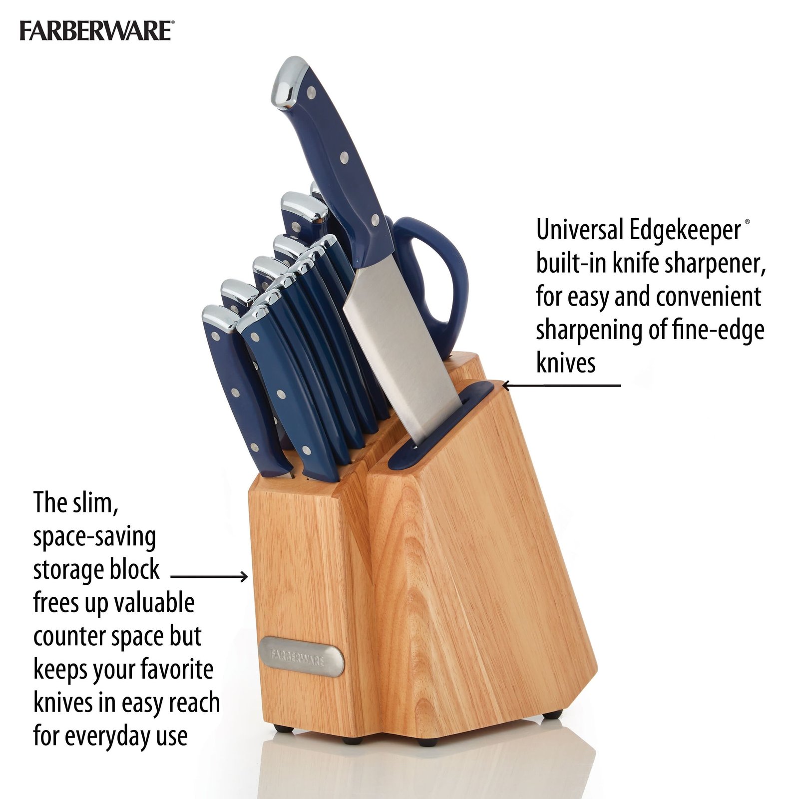 Farberware EdgeKeeper 14-Piece Stainless Steel Triple Riveted Slim Knife Set, Block Built-in Sharpener Navy