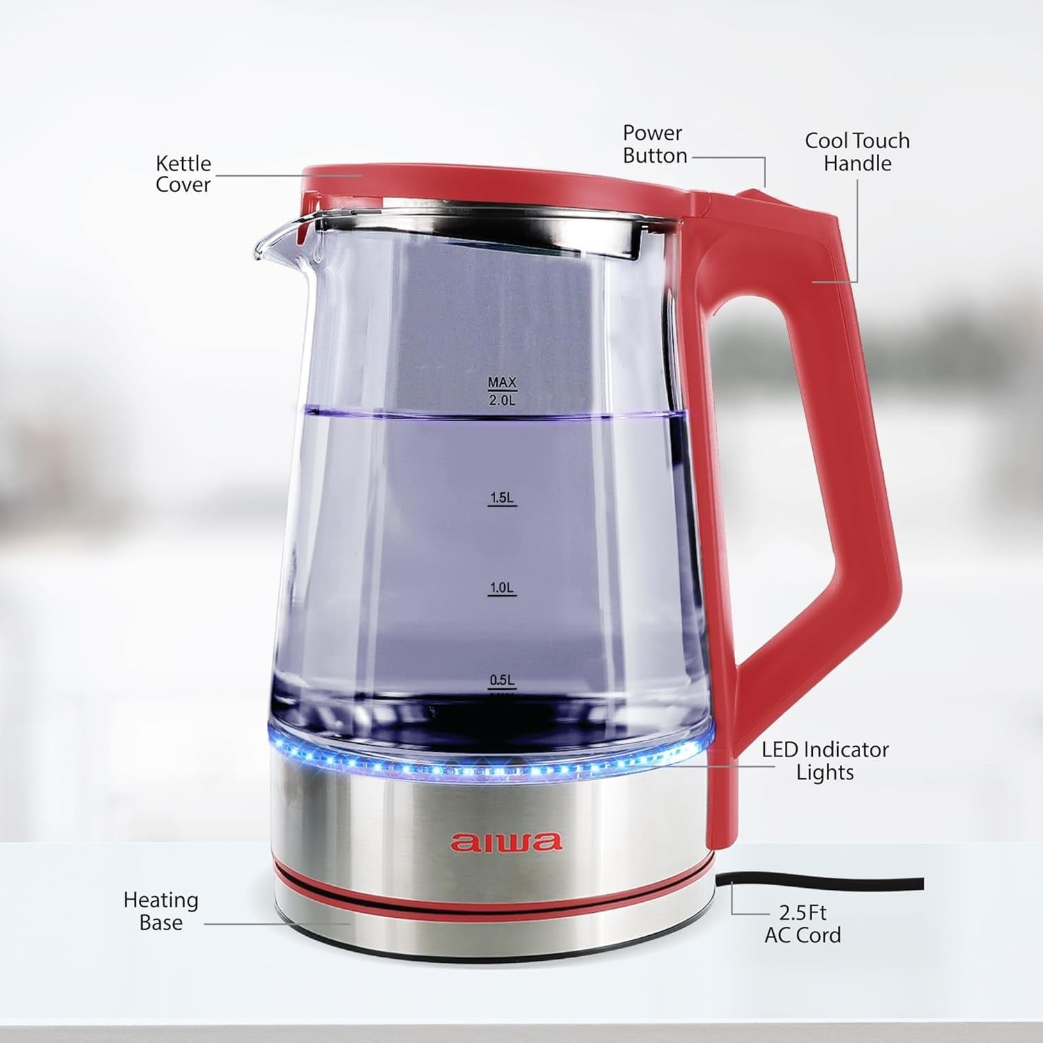 Aiwa 2-Liter Glass Electric Water Kettle, Cordless Hot Water Boiler with Auto-Shutoff, Red