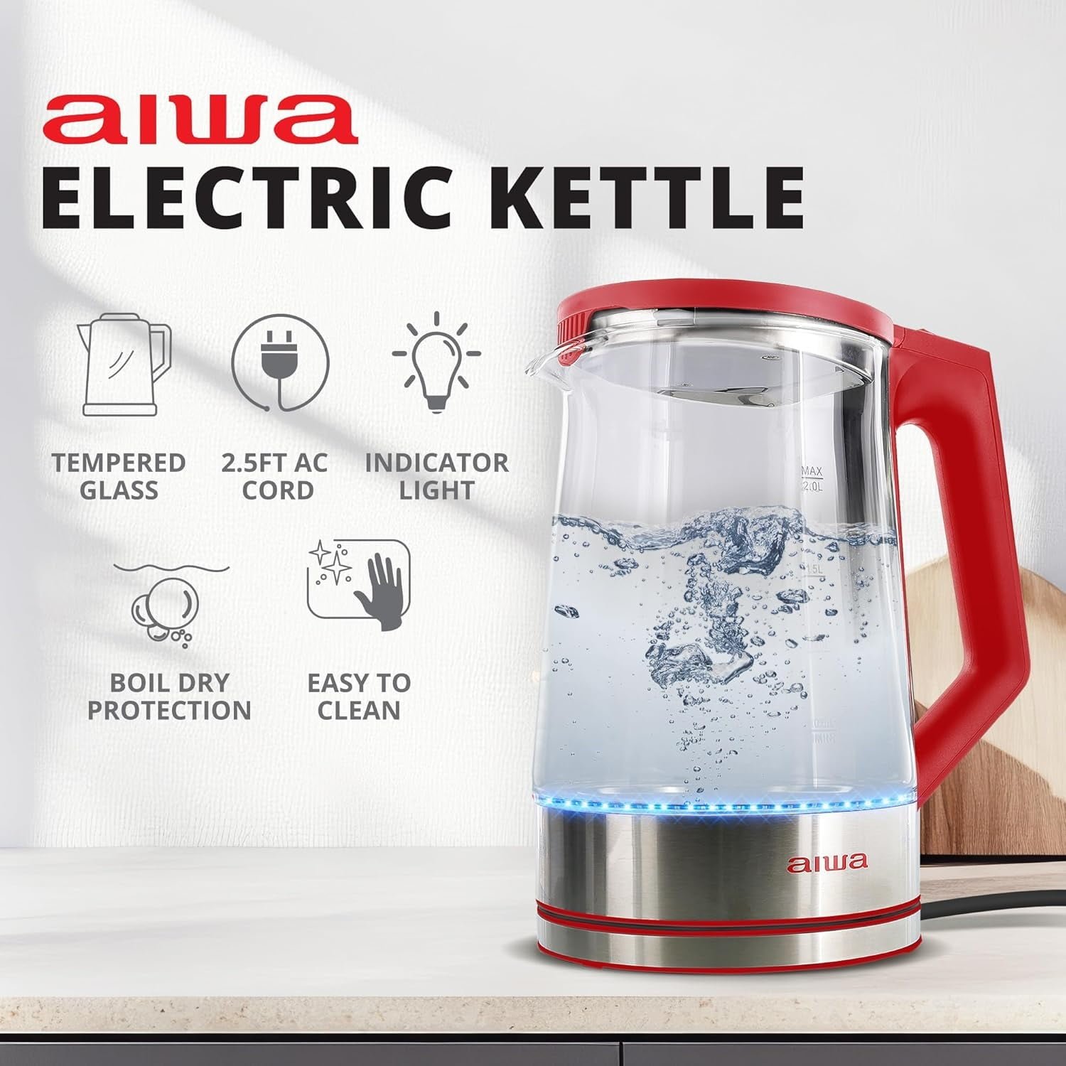 Aiwa 2-Liter Glass Electric Water Kettle, Cordless Hot Water Boiler with Auto-Shutoff, Red