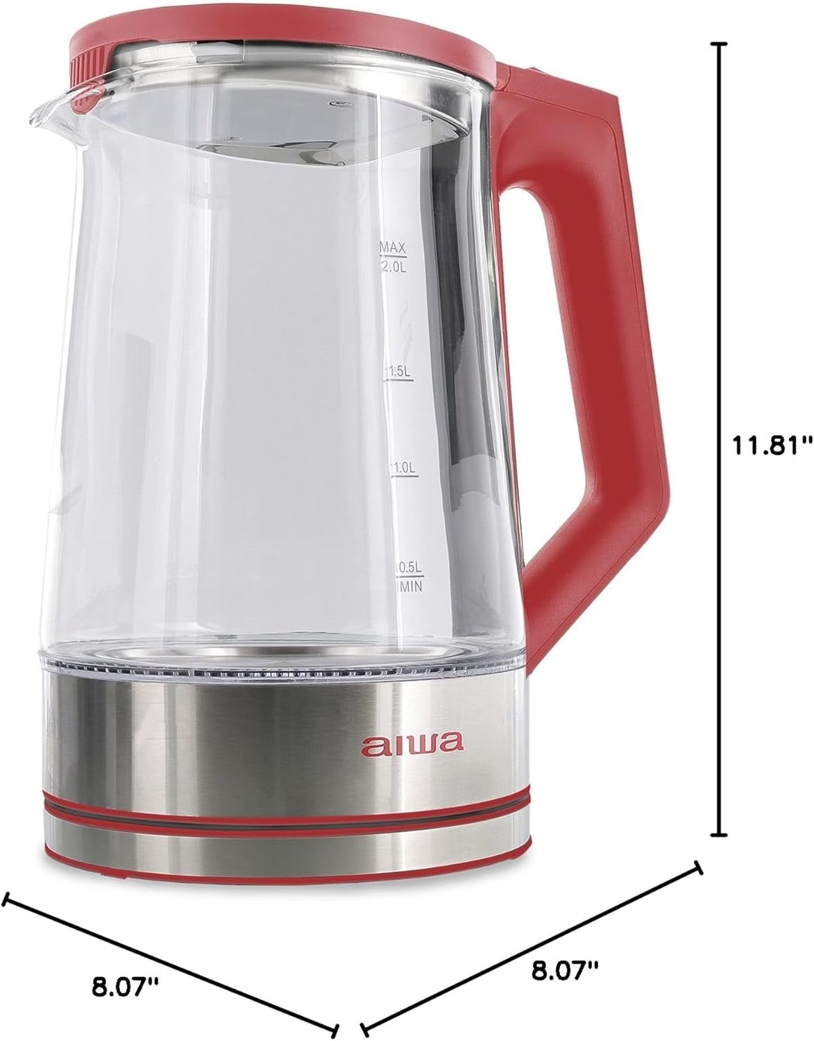 Aiwa 2-Liter Glass Electric Water Kettle, Cordless Hot Water Boiler with Auto-Shutoff, Red