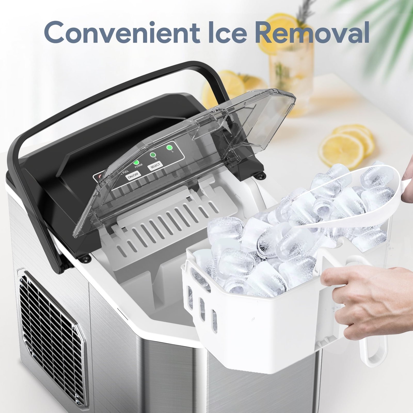 Qunler Ice Maker Countertop, 2 Sizes 9 Bullet Ice Cubes in 6 Mins, 26lbs/24Hrs, Self Cleaning Pebble Ice Machine with Scoop, Small Portable Ice Cube Maker for Home, Kitchen, Camping