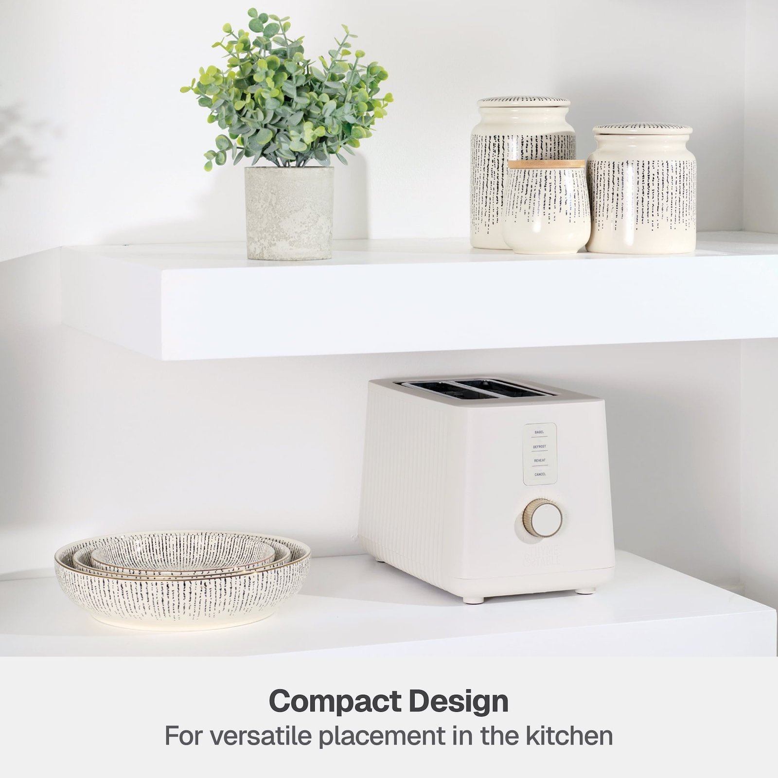 Thyme & Table 2-Slice Toaster, Extra-Wide Slots with Slide-Out Removable Crumb Tray, Sand White