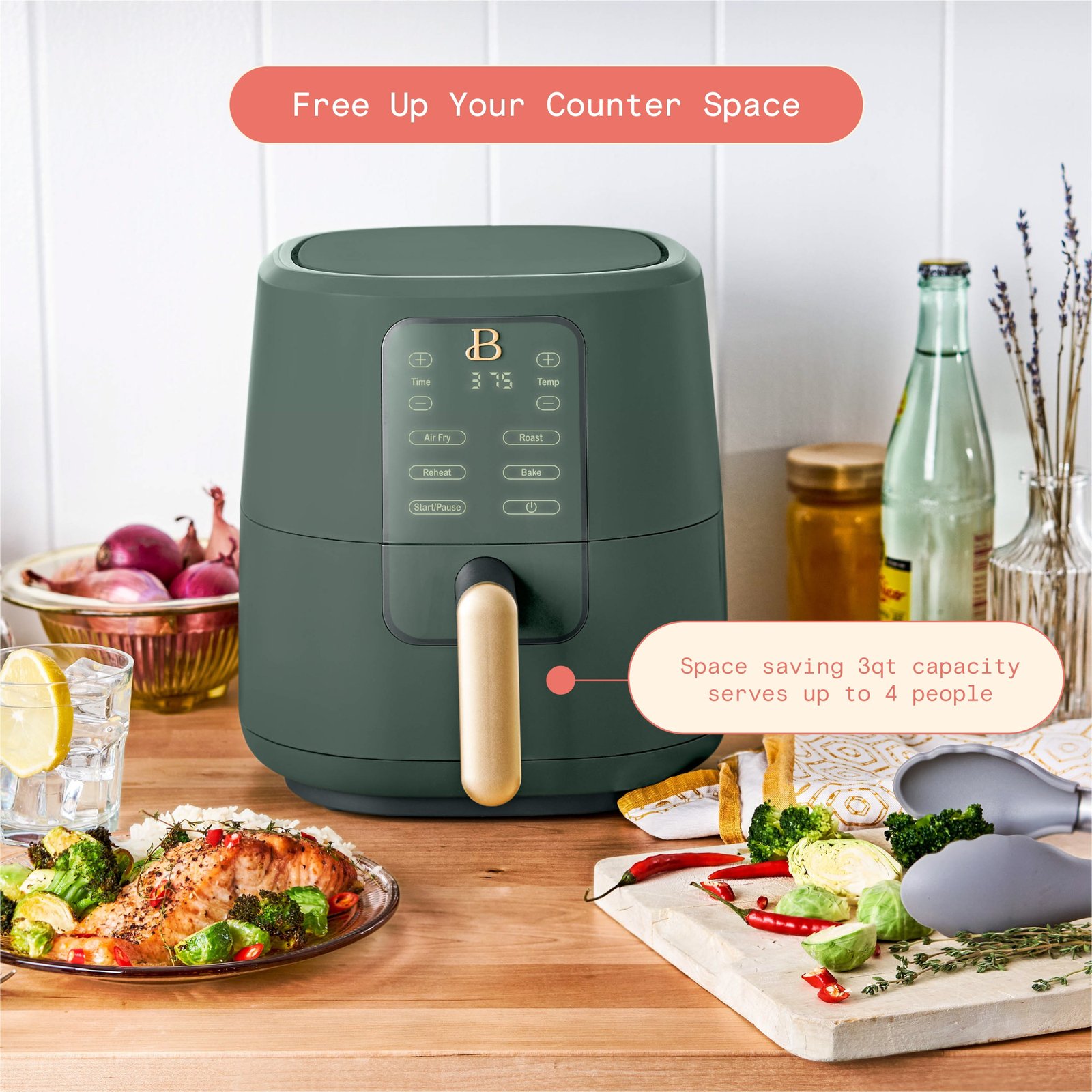 Beautiful 3 Qt Air Fryer with TurboCrisp Technology, EverGood Ceramic Nonstick Coating, Thyme Green by Drew Barrymore