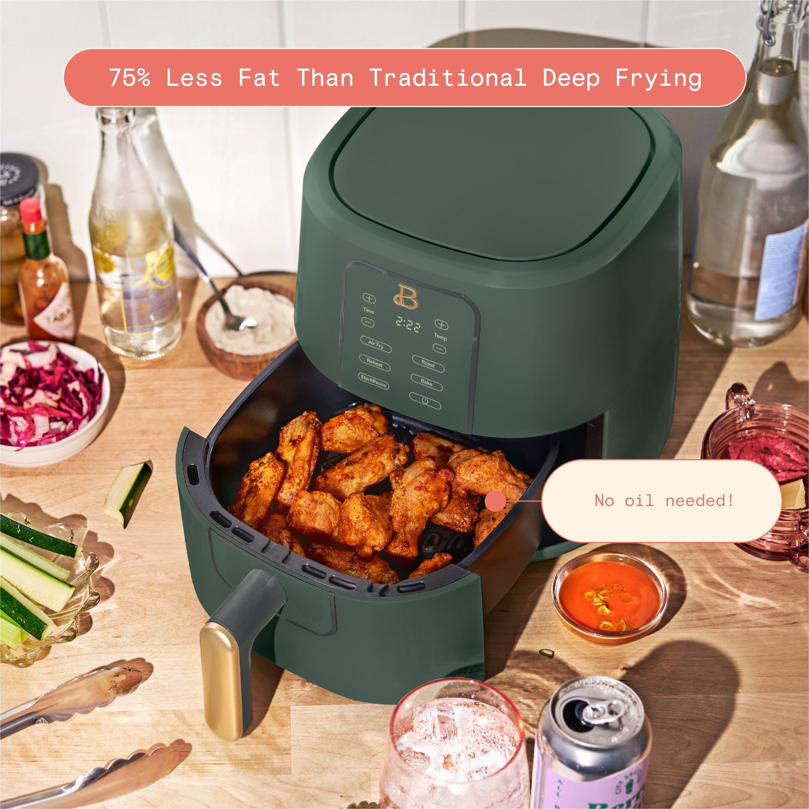 Beautiful 3 Qt Air Fryer with TurboCrisp Technology, EverGood Ceramic Nonstick Coating, Thyme Green by Drew Barrymore