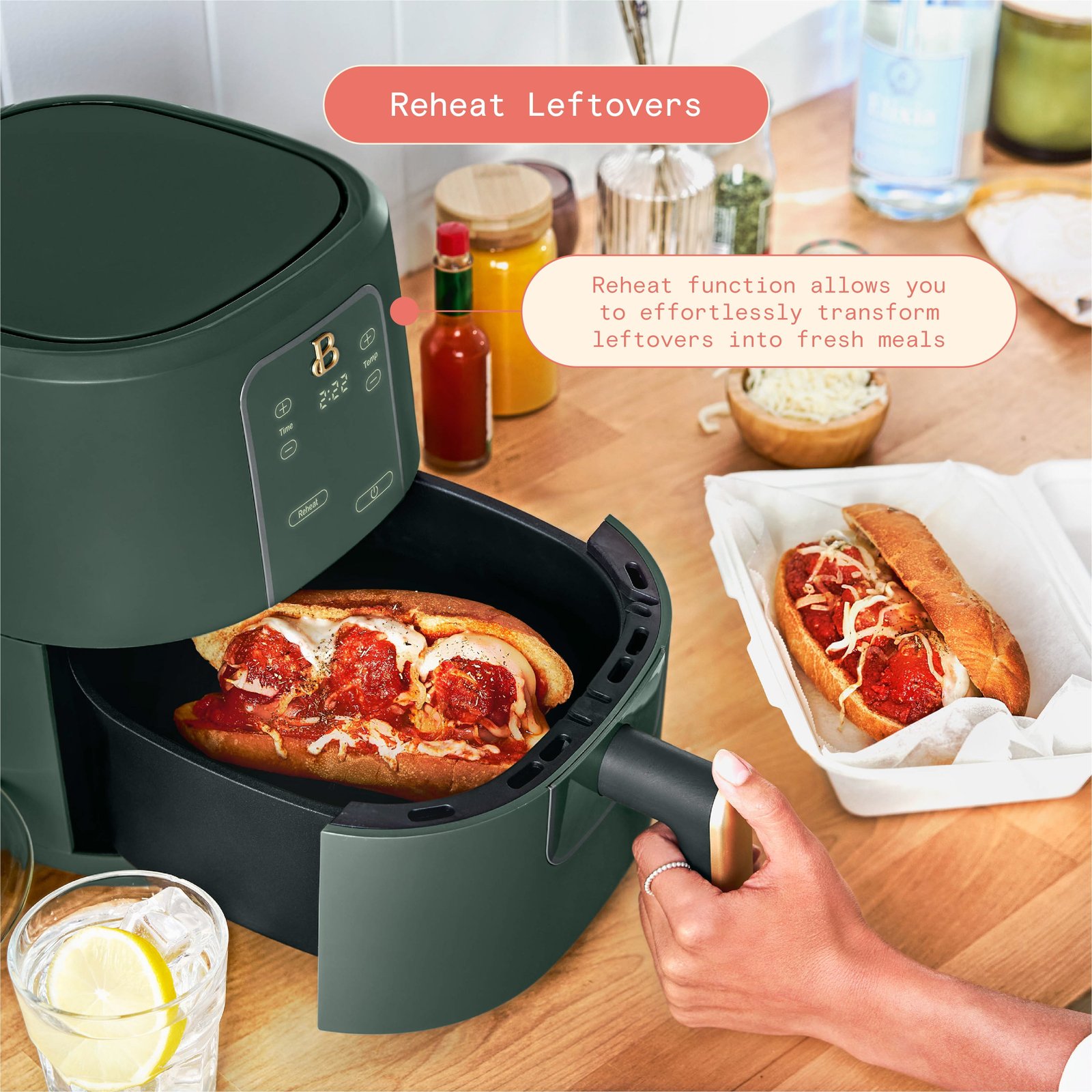 Beautiful 3 Qt Air Fryer with TurboCrisp Technology, EverGood Ceramic Nonstick Coating, Thyme Green by Drew Barrymore