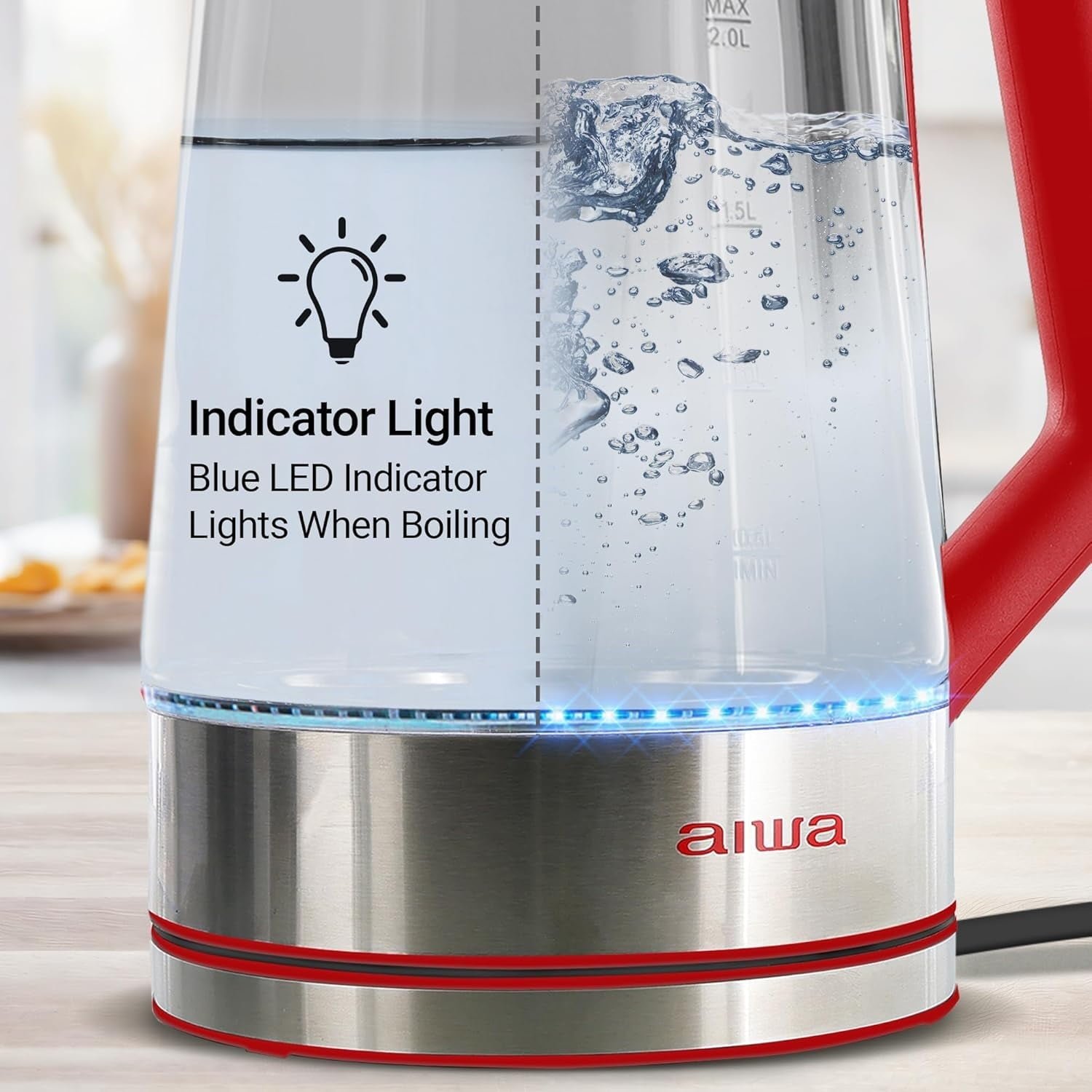 Aiwa 2-Liter Glass Electric Water Kettle, Cordless Hot Water Boiler with Auto-Shutoff, Red