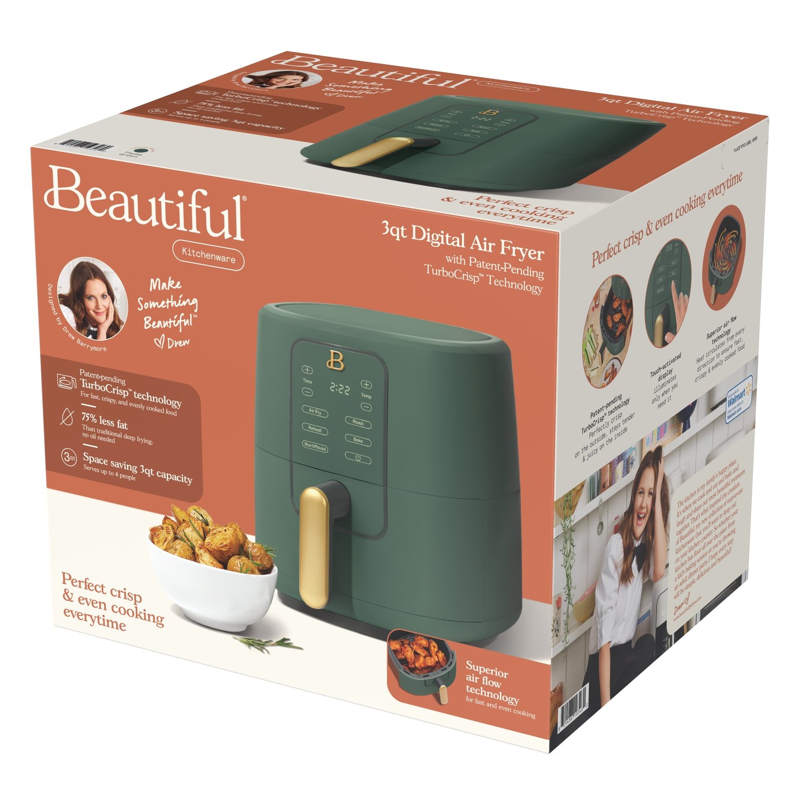 Beautiful 3 Qt Air Fryer with TurboCrisp Technology, EverGood Ceramic Nonstick Coating, Thyme Green by Drew Barrymore
