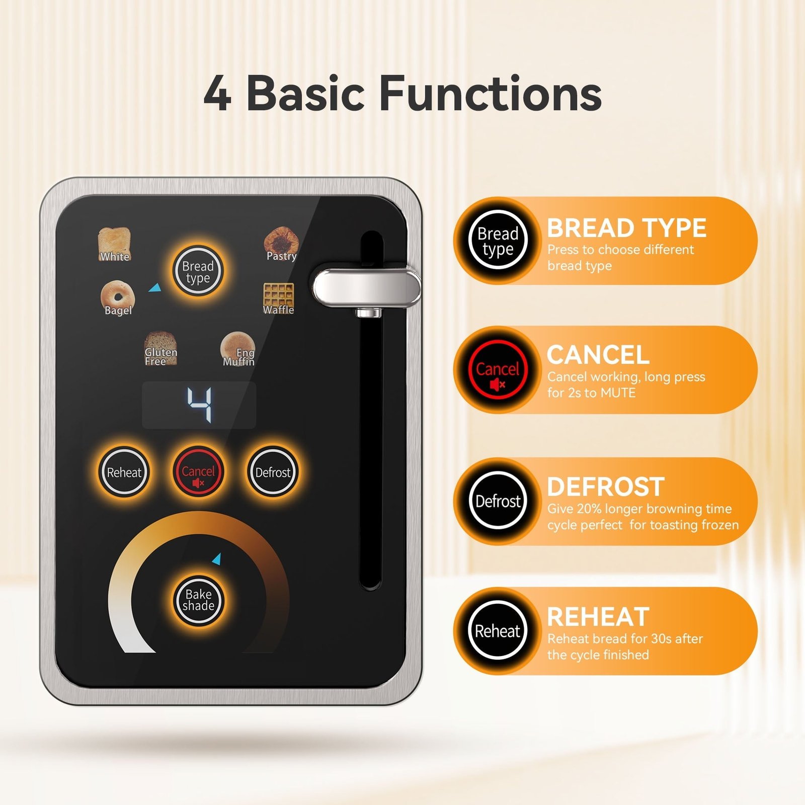 WHALL 2 Slice Toaster, Touchscreen Toasters with Stainless Steel, Wide Slots, Bagel, Defrost, 850W