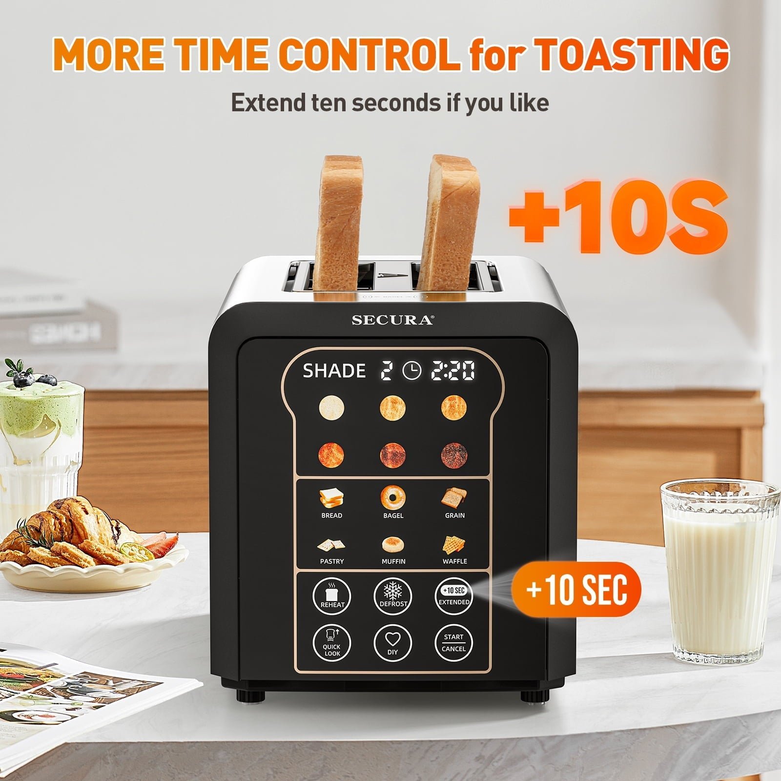 Secura Toaster 2 Slice Smart Toaster with Auto Lift&Lowering Touch Screen, Digital Countdown, Wide Slots for Toasting Bagels Breads Waffles & More 6 Browning Levels Customizable Settings