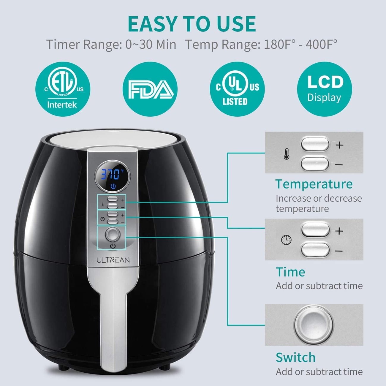 Ultrean Air Fryer 4.2 Quart Air Fryer, Black - LCD Display, Nonstick Cooking Pot, 1500W