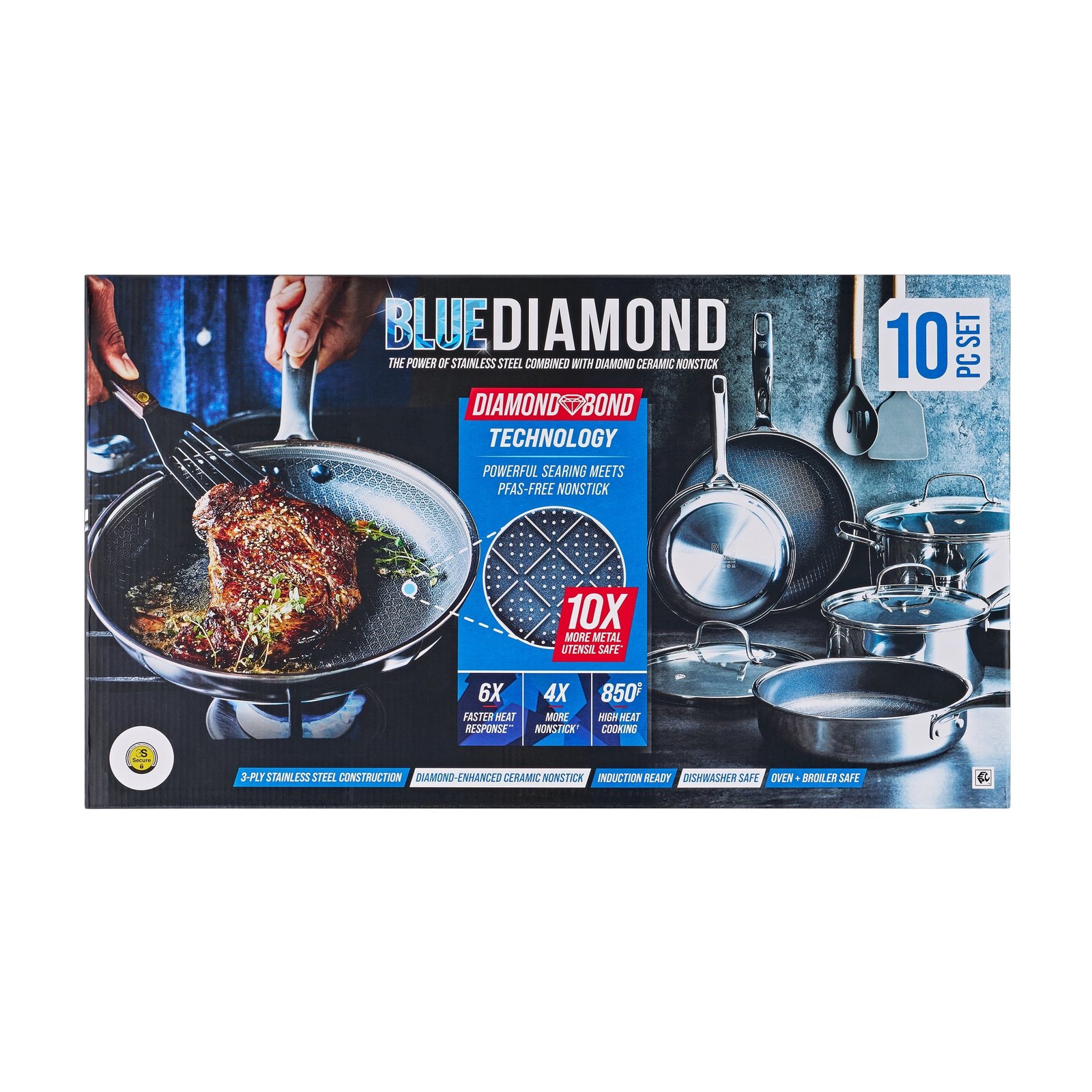 Blue Diamond 10-Piece Diamond-Bond Hybrid Nonstick Ceramic Stainless Steel Cookware Set, Dishwasher Safe