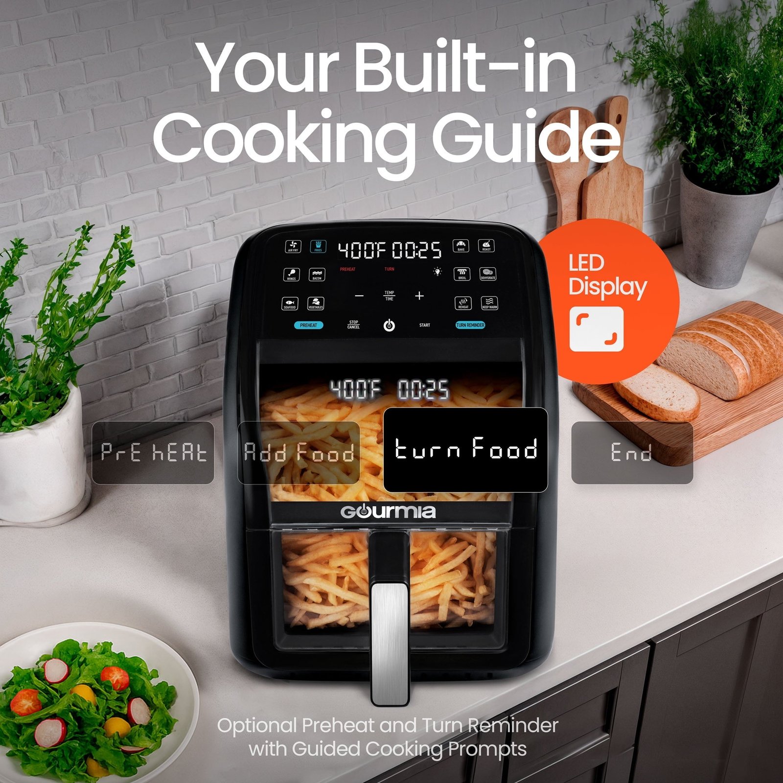 Gourmia Panorama 7-QT Digital Air Fryer with Panoramic View, Holographic Display, & 12 Presets, Black