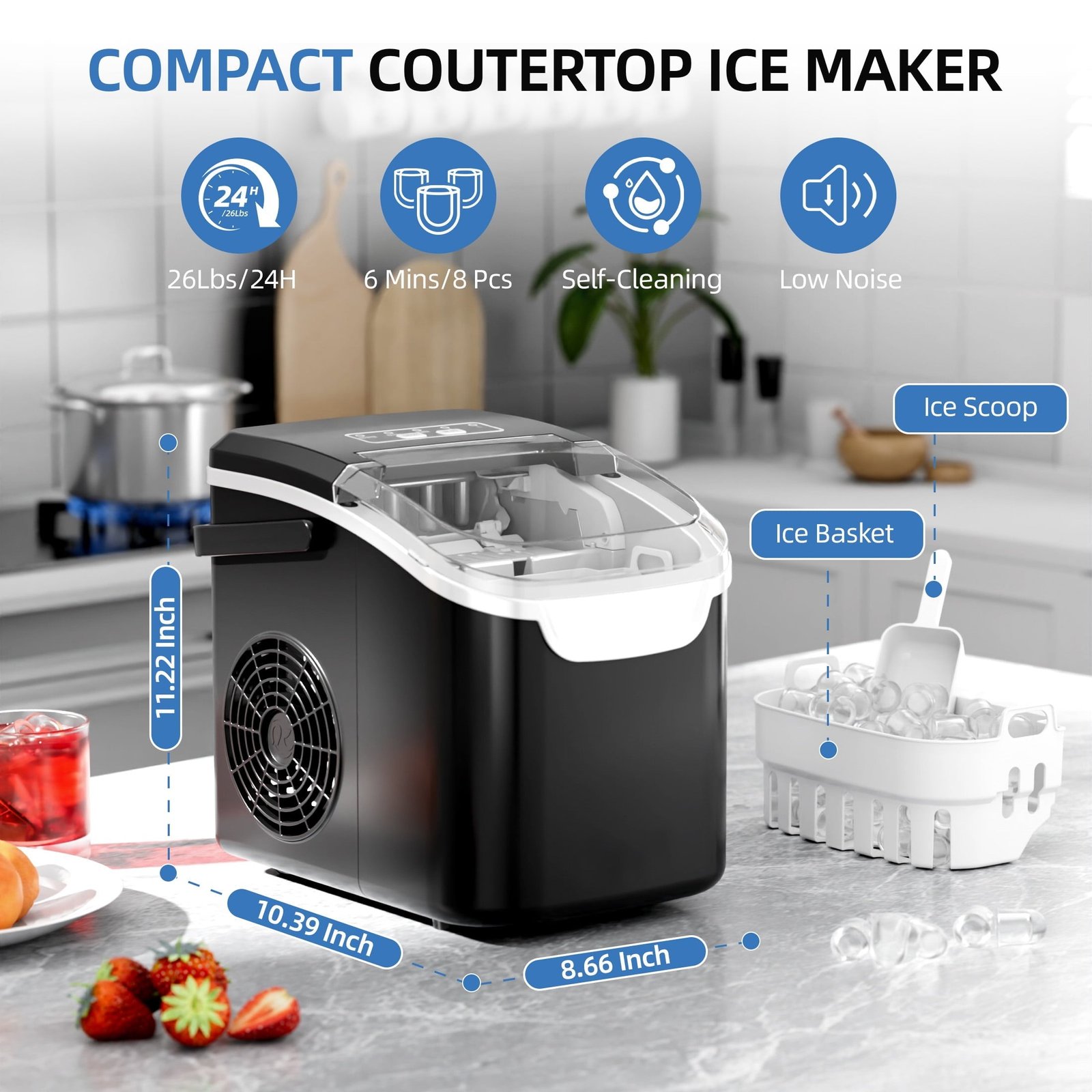 Auseo Countertop Ice Maker, 2 Sizes of Bullet Ice, 26Lbs/24H, 8 Ice Cubes in 6 Mins, Portable Ice Machine with Self-Cleaning for Home/Party/Travel/Camping (Black)