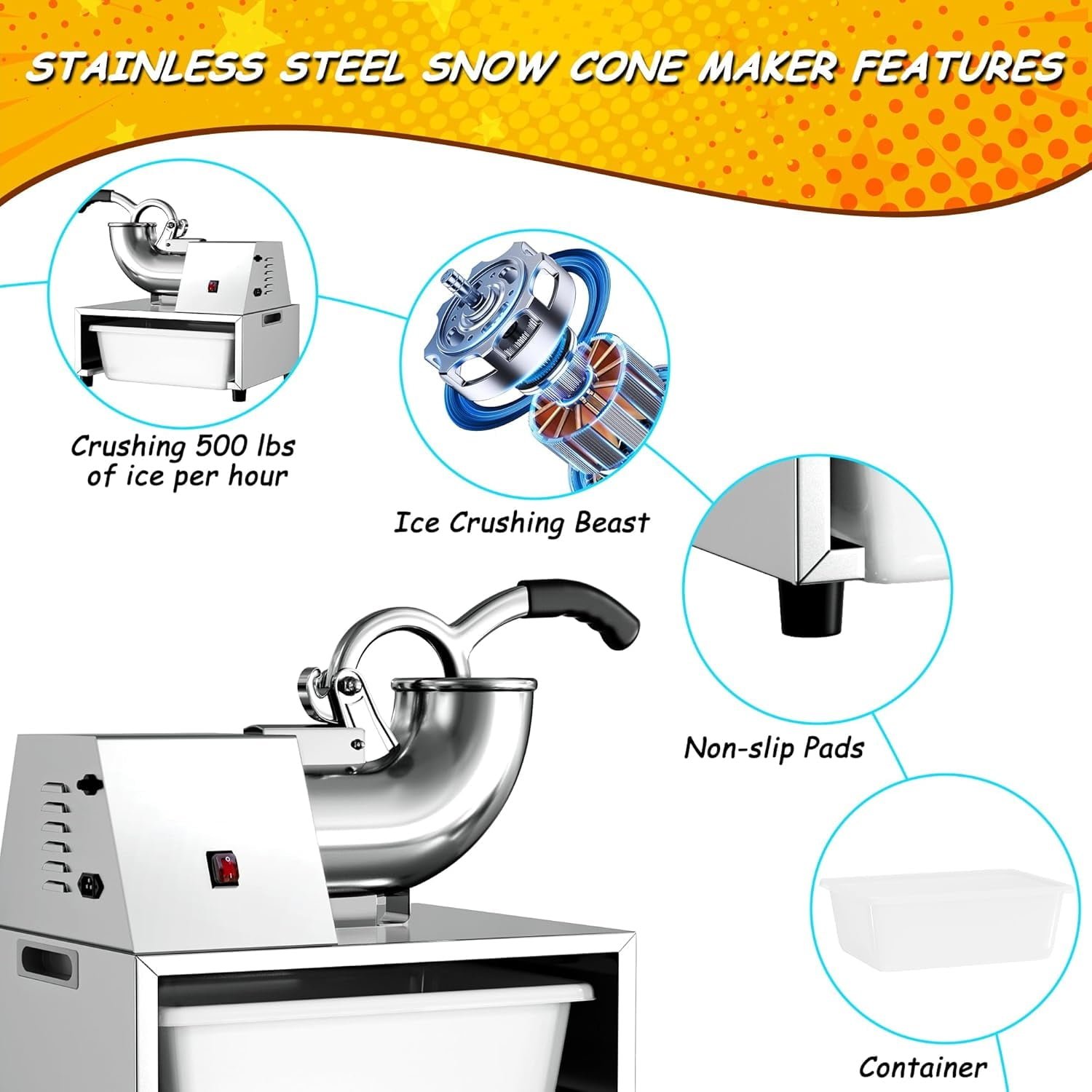 500LBS/H 300W Commercial Snow Cone Machine Ice Shaver Ice Crusher for Snow Cones