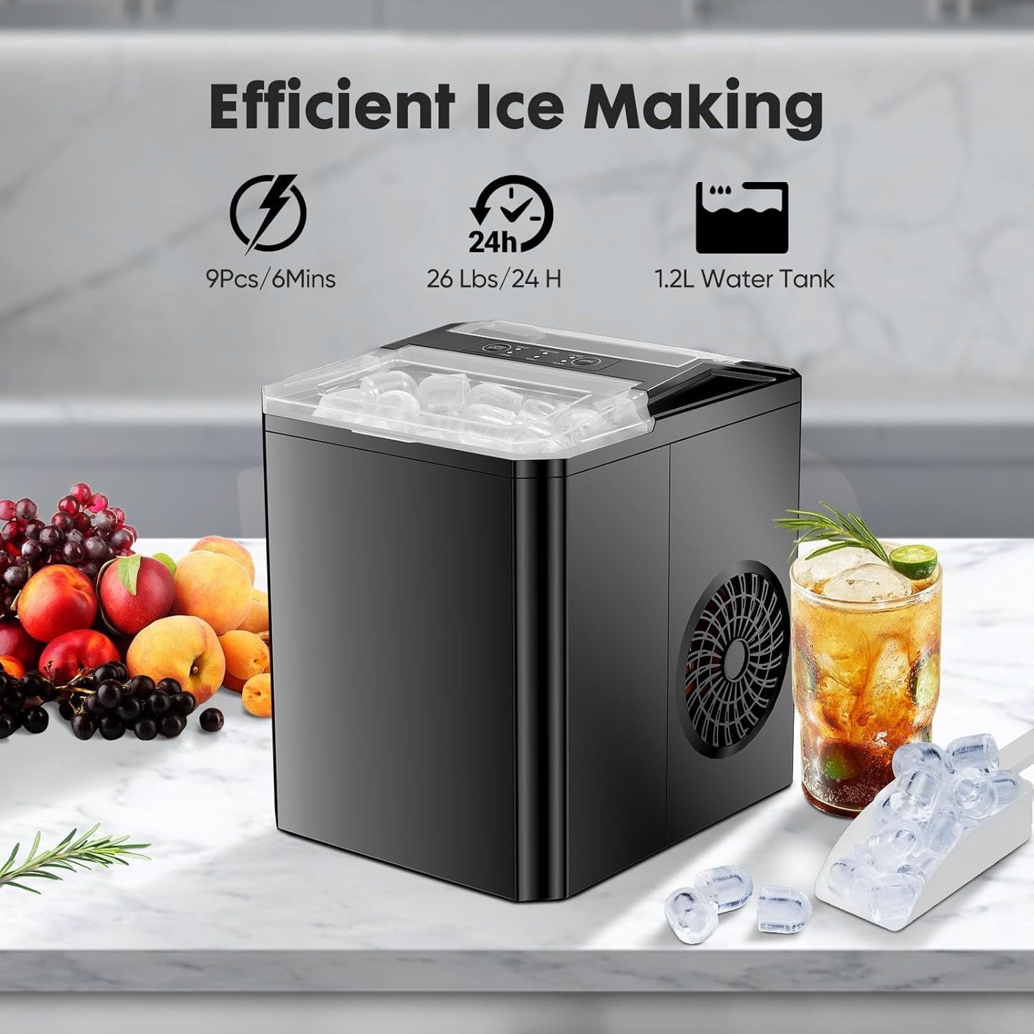 Simenmax Ice Maker, Portable Countertop Icemaker Machine, Self Cleaning Quiet 2 Sizes Bullet Cubes Makers, 9 Cubes in 6 Mins, 26lbs/24Hrs with Ice Scoop, Basket for Home Kitchen Party,Black