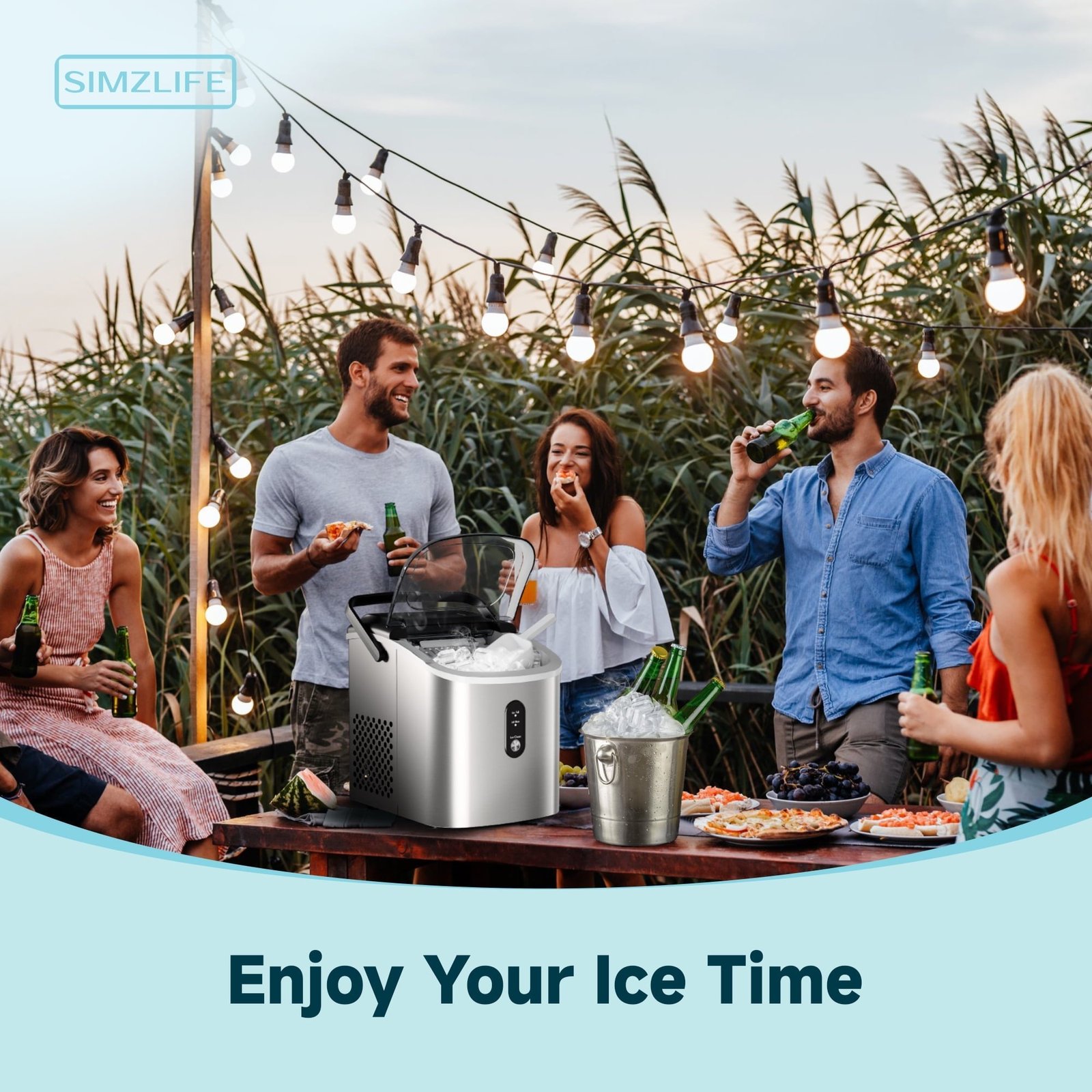 Simzlife Countertop Ice Maker with Handle, Portable Ice Machine with Basket and Scoop, 9 Bullet Ice In 6 Mins, 26Lbs/24H, Self-Cleaning