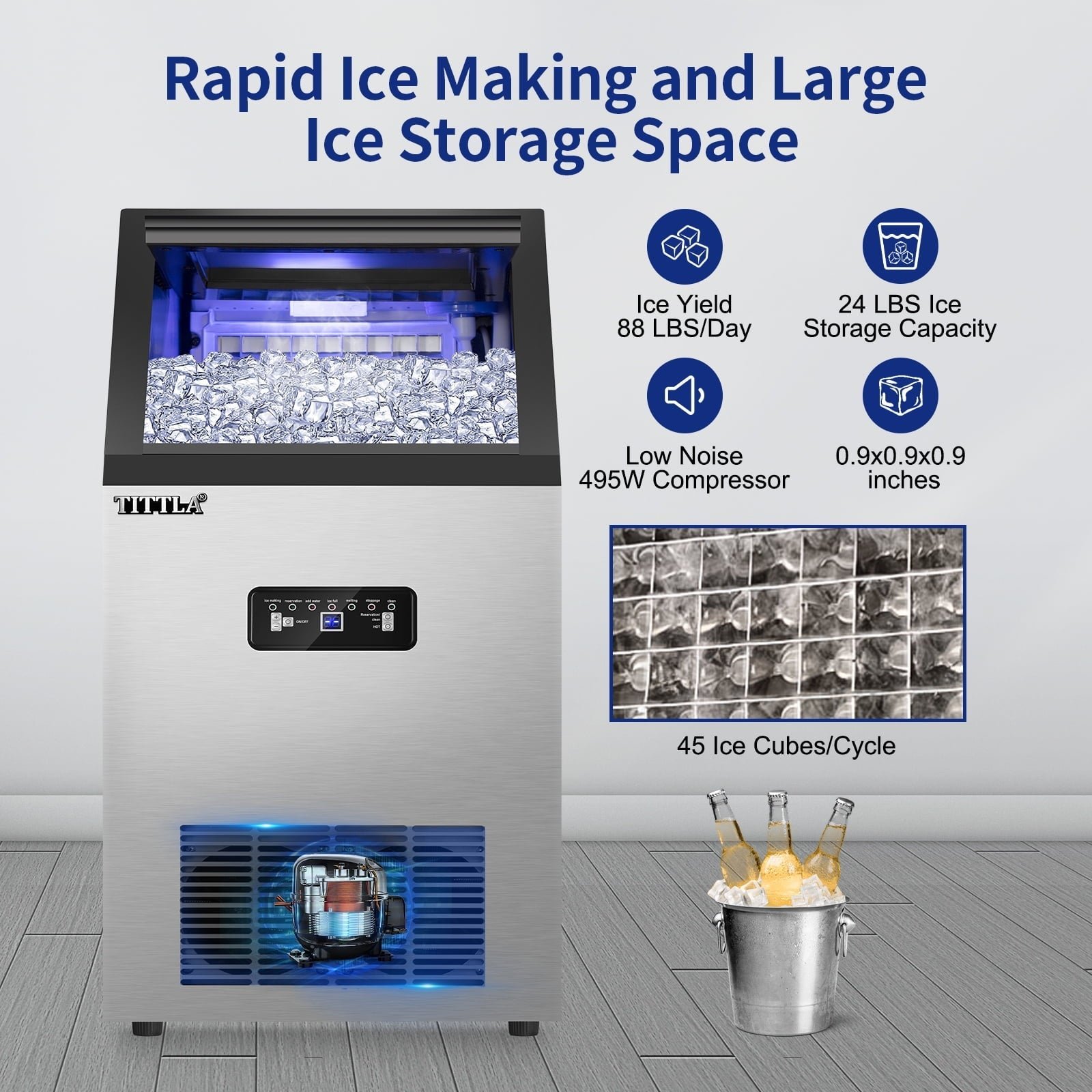 TITTLA 100Lbs/24H Commercial Ice Maker Machine, 24 Lbs Storage, 45 Ice Cubes in 12-15 Mins, Stainless Steel Ice Maker for Home Bar Cafe