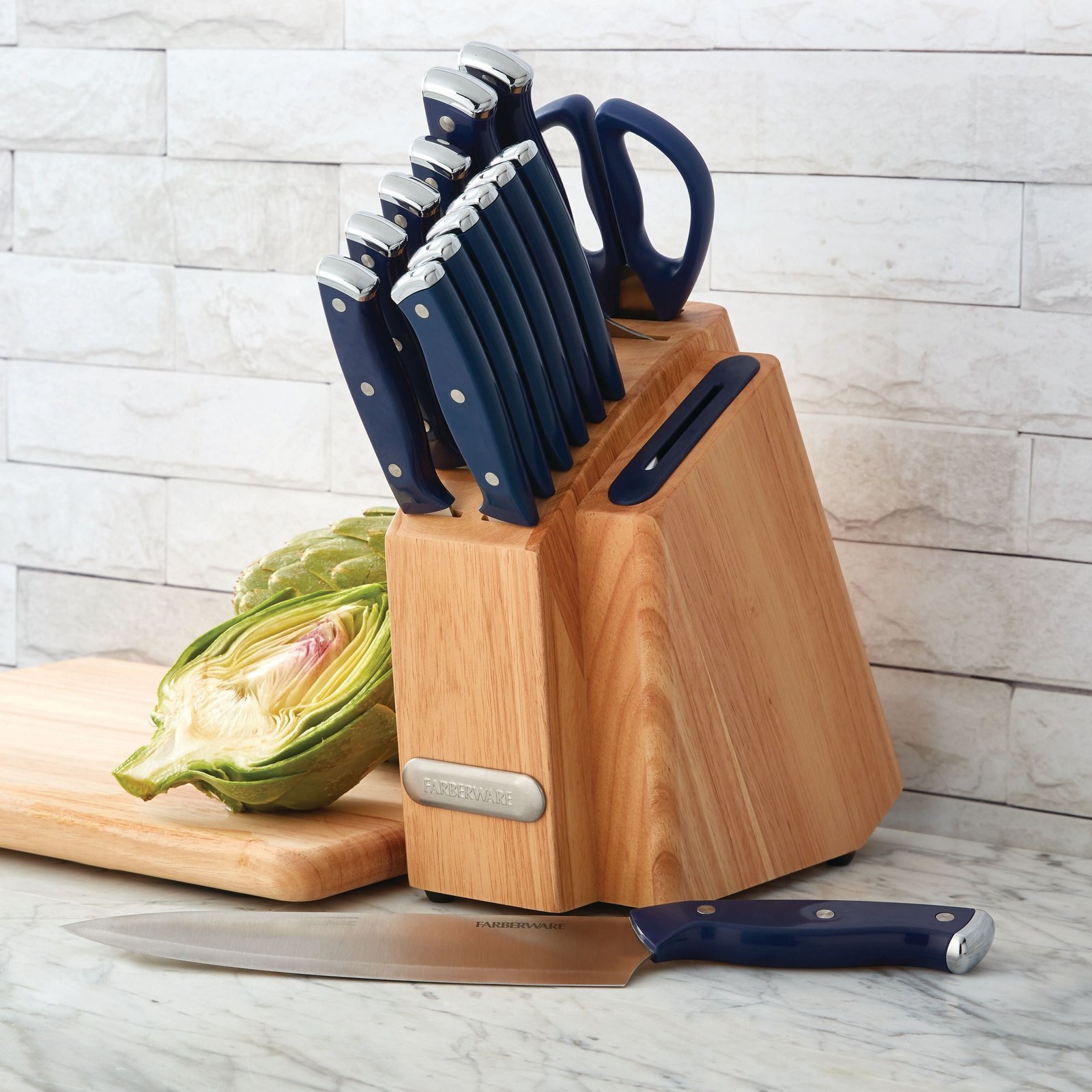 Farberware EdgeKeeper 14-Piece Stainless Steel Triple Riveted Slim Knife Set, Block Built-in Sharpener Navy
