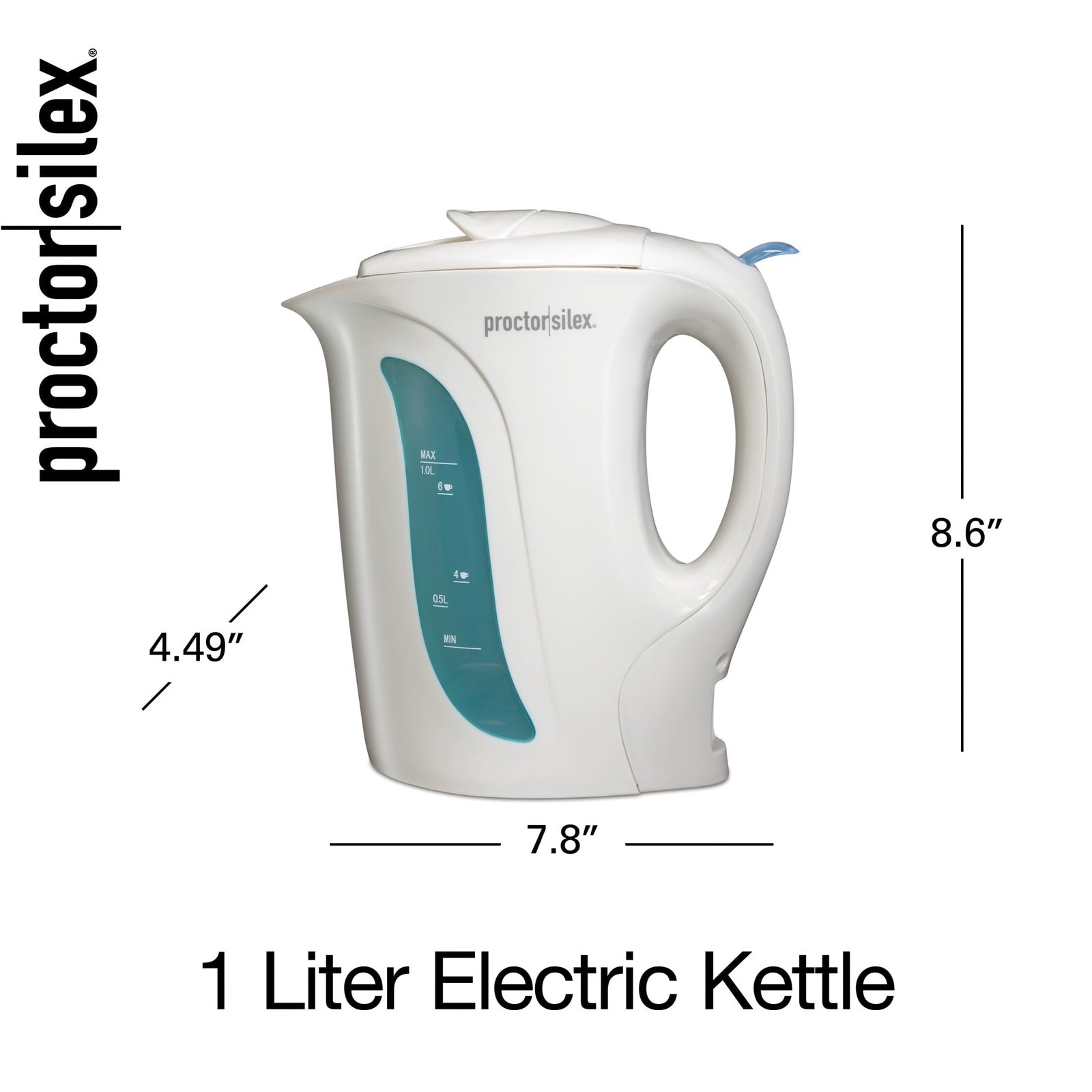 Proctor Silex Electric Kettle, Tea & Water Kettle with Detachable Cord and Auto-Shutoff, 1L, White