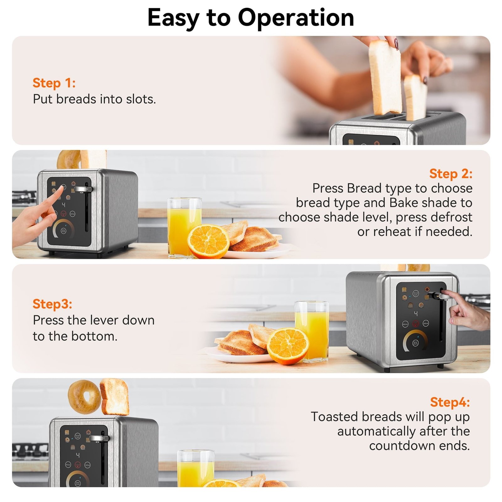 WHALL 2 Slice Toaster, Touchscreen Toasters with Stainless Steel, Wide Slots, Bagel, Defrost, 850W