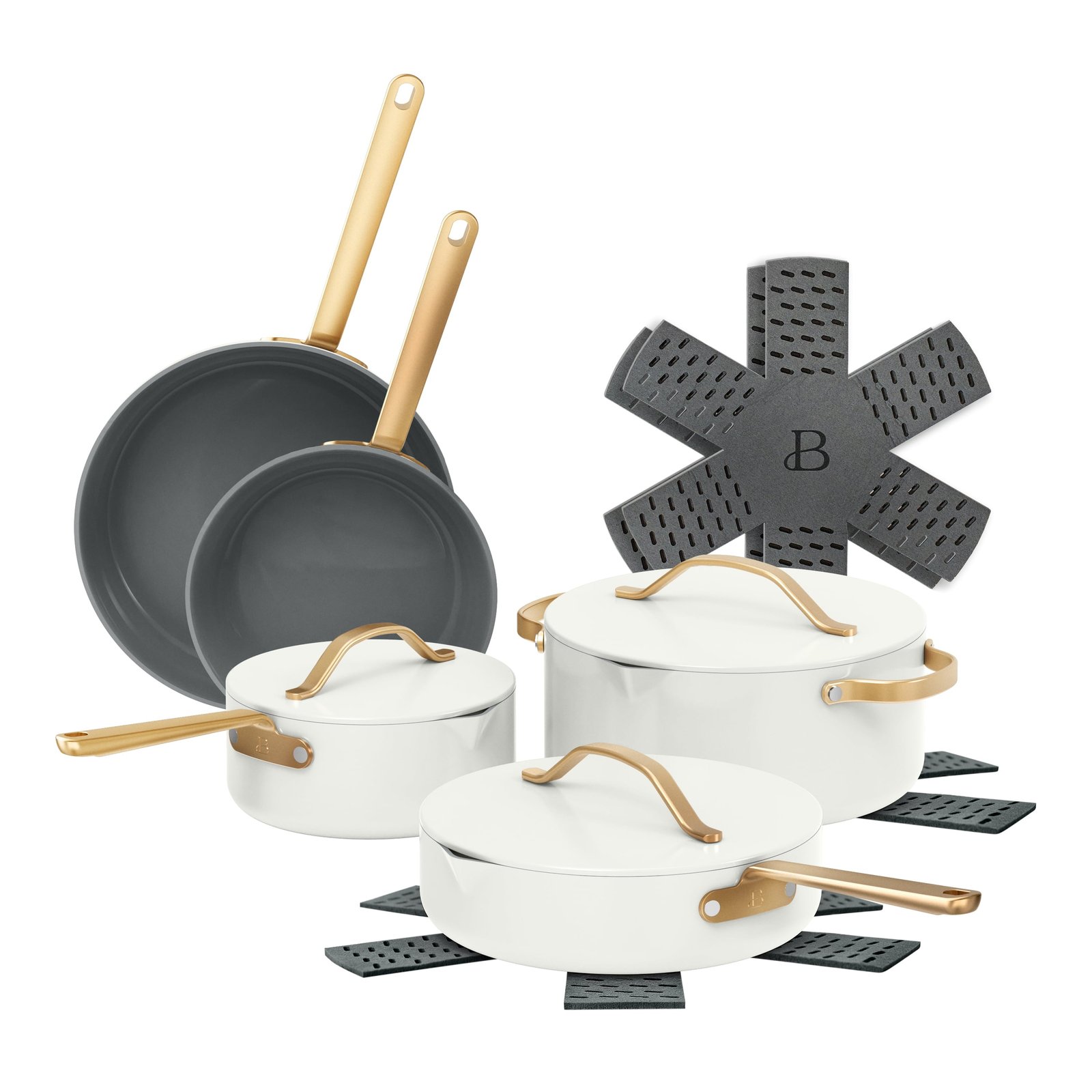 Beautiful 12-Piece Ceramic Nonstick Cookware Set, Pots and Pans with Strainer Lids, White Icing by Drew Barrymore