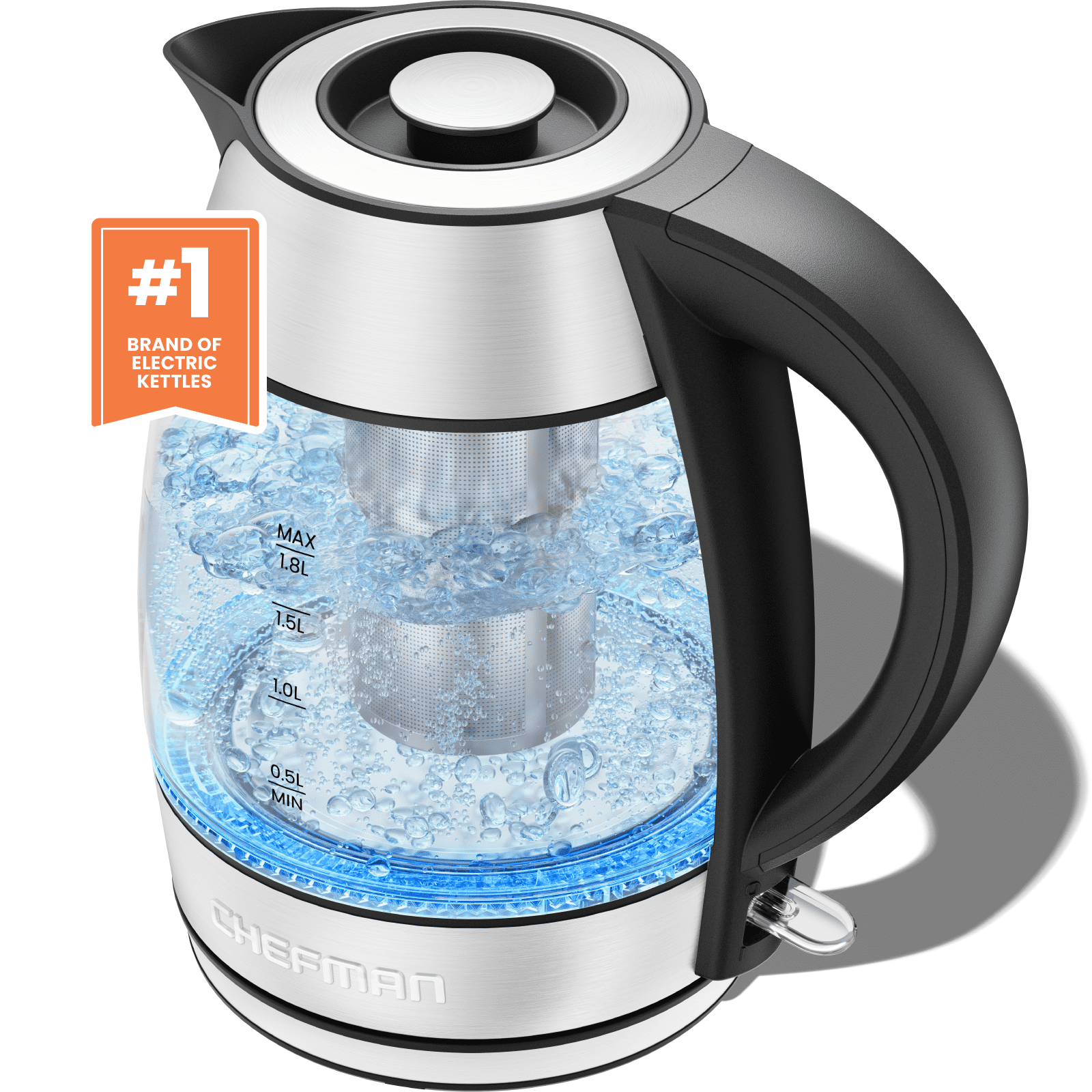 Chefman Fast Boiling 1.8L Electric Glass Kettle, Removable Tea Infuser, LED Lights, Stainless Steel