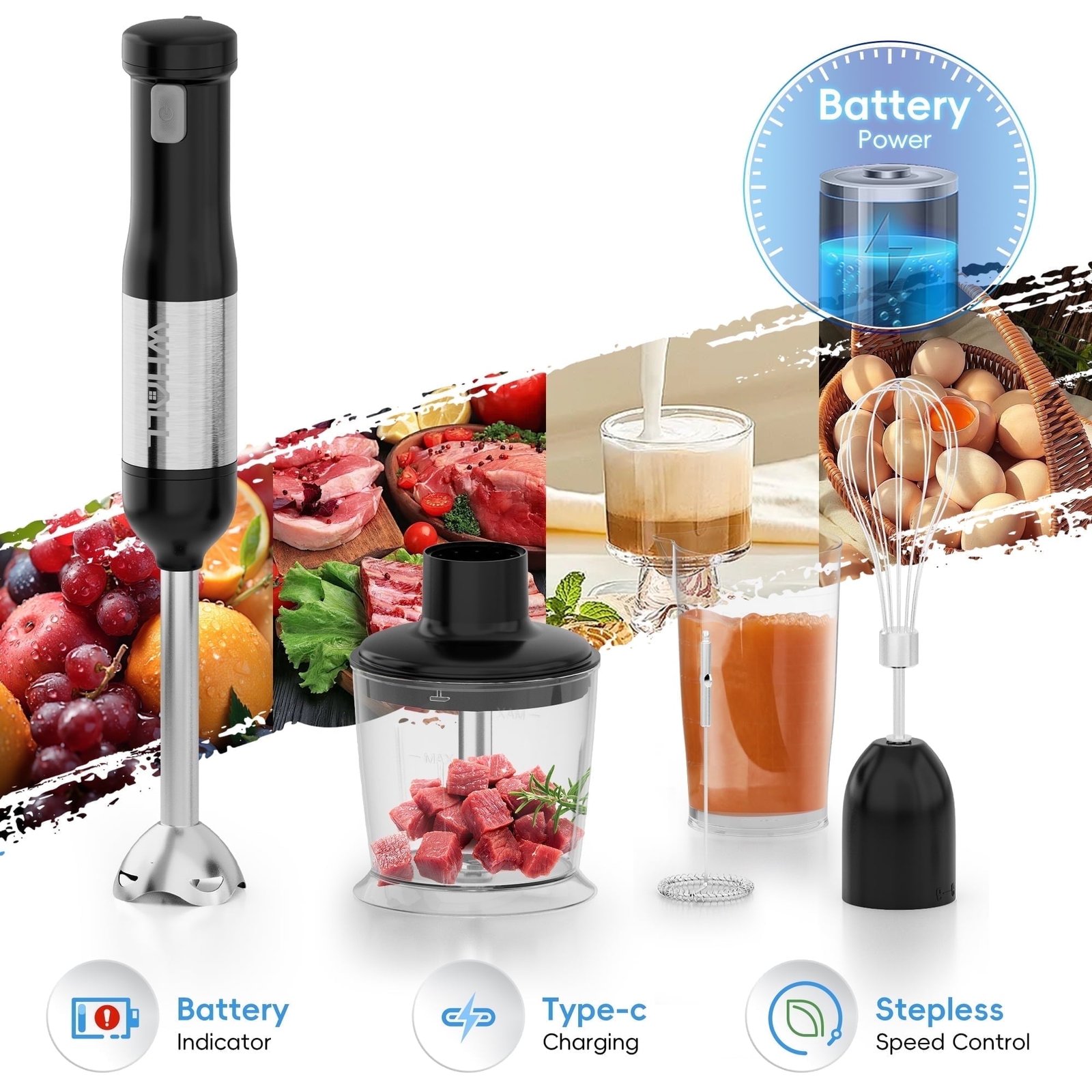 WHALL Cordless Immersion Blender, Rechargeable 5-in-1 Handheld Blender with Whisk, Milk Frother Attachments, Portable Stick mixed,700ml Beaker, 500ml Chopper