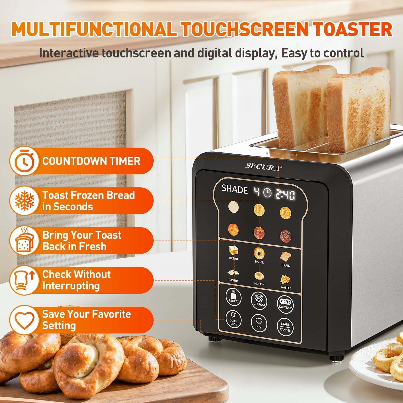 Secura Toaster 2 Slice Smart Toaster with Auto Lift&Lowering Touch Screen, Digital Countdown, Wide Slots for Toasting Bagels Breads Waffles & More 6 Browning Levels Customizable Settings