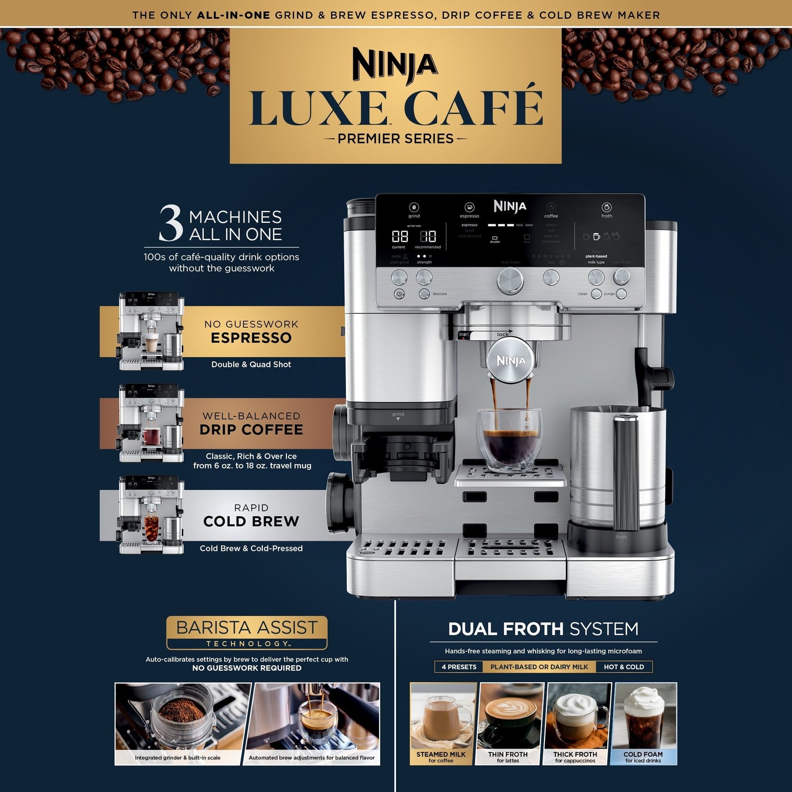Ninja Luxe Cafe Premier Series, Stainless Steel Espresso Machine and Drip Coffee Maker with integrated Coffee Grinder and Milk Frother, ES601