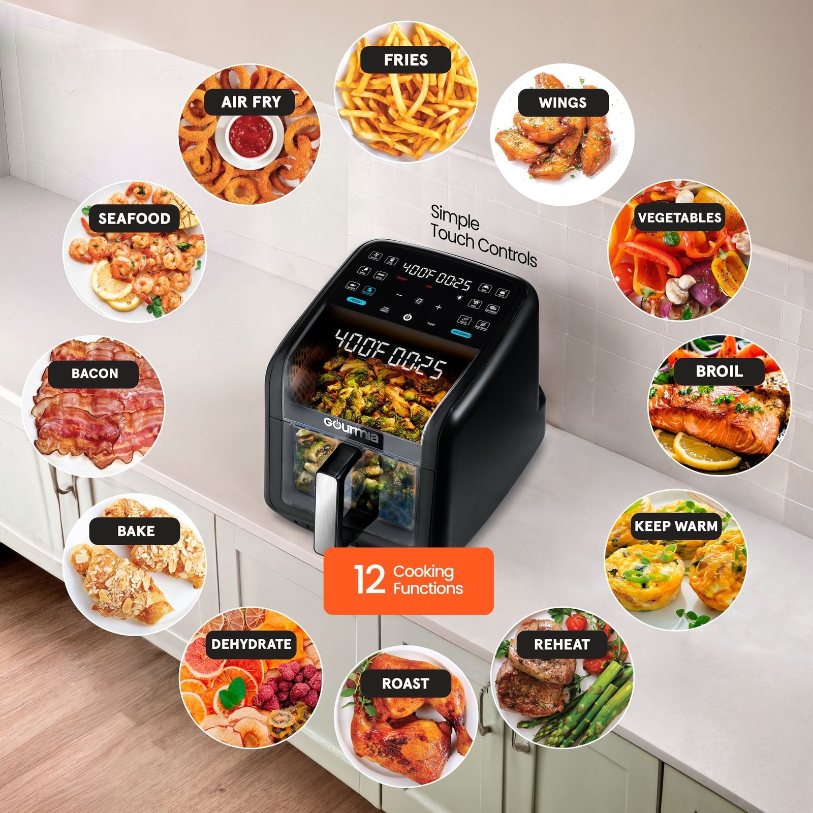 Gourmia Panorama 7-QT Digital Air Fryer with Panoramic View, Holographic Display, & 12 Presets, Black