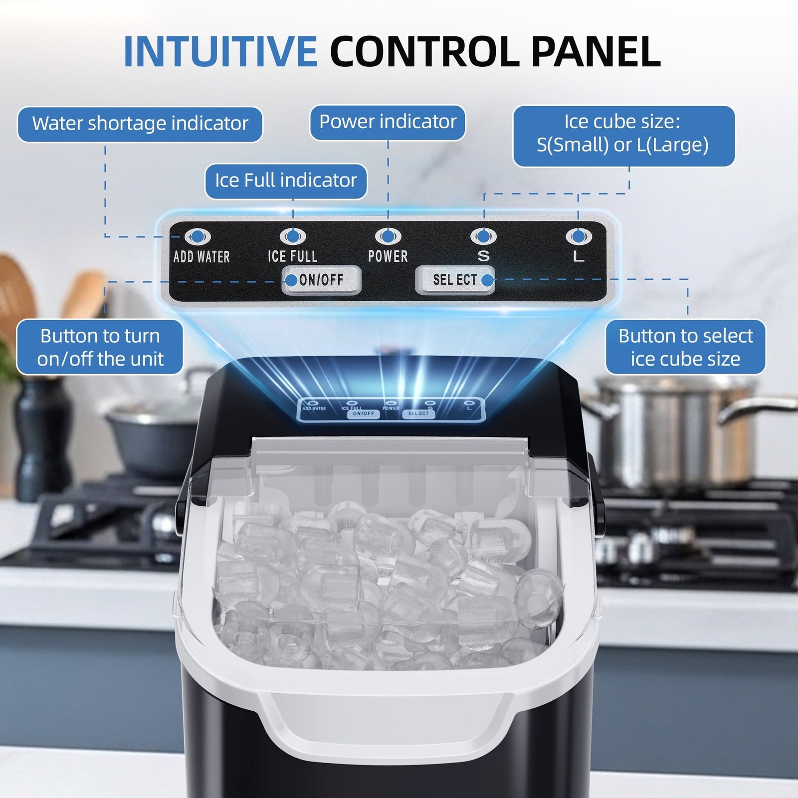 Auseo Countertop Ice Maker, 2 Sizes of Bullet Ice, 26Lbs/24H, 8 Ice Cubes in 6 Mins, Portable Ice Machine with Self-Cleaning for Home/Party/Travel/Camping (Black)