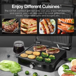 OSTBA Panini Press Grill Indoor Grill Sandwich Maker with Temperature Control, 4 Slice Non-stick Versatile Grill, Opens 180 Degrees to Fit Any Type or Size of Food, Removable Drip Tray