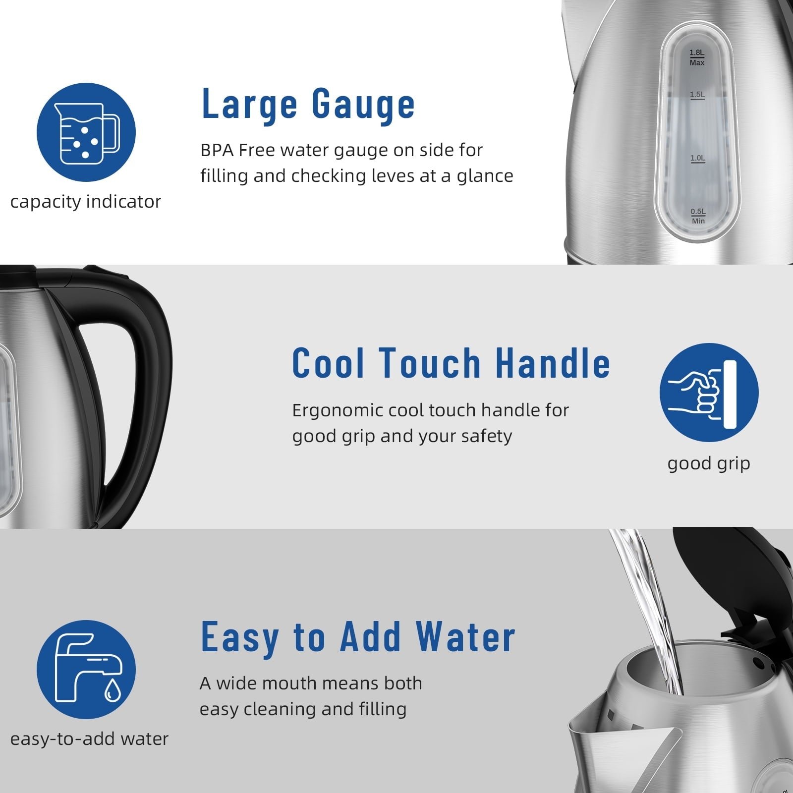 CACHOO Electric Tea Kettle, Water Boiler & Heater, 1.8 Liter, Cordless Serving, 1200 Watts, Fast Boiling, Auto-Shutoff, Boil-Dry Protection, Stainless Steel