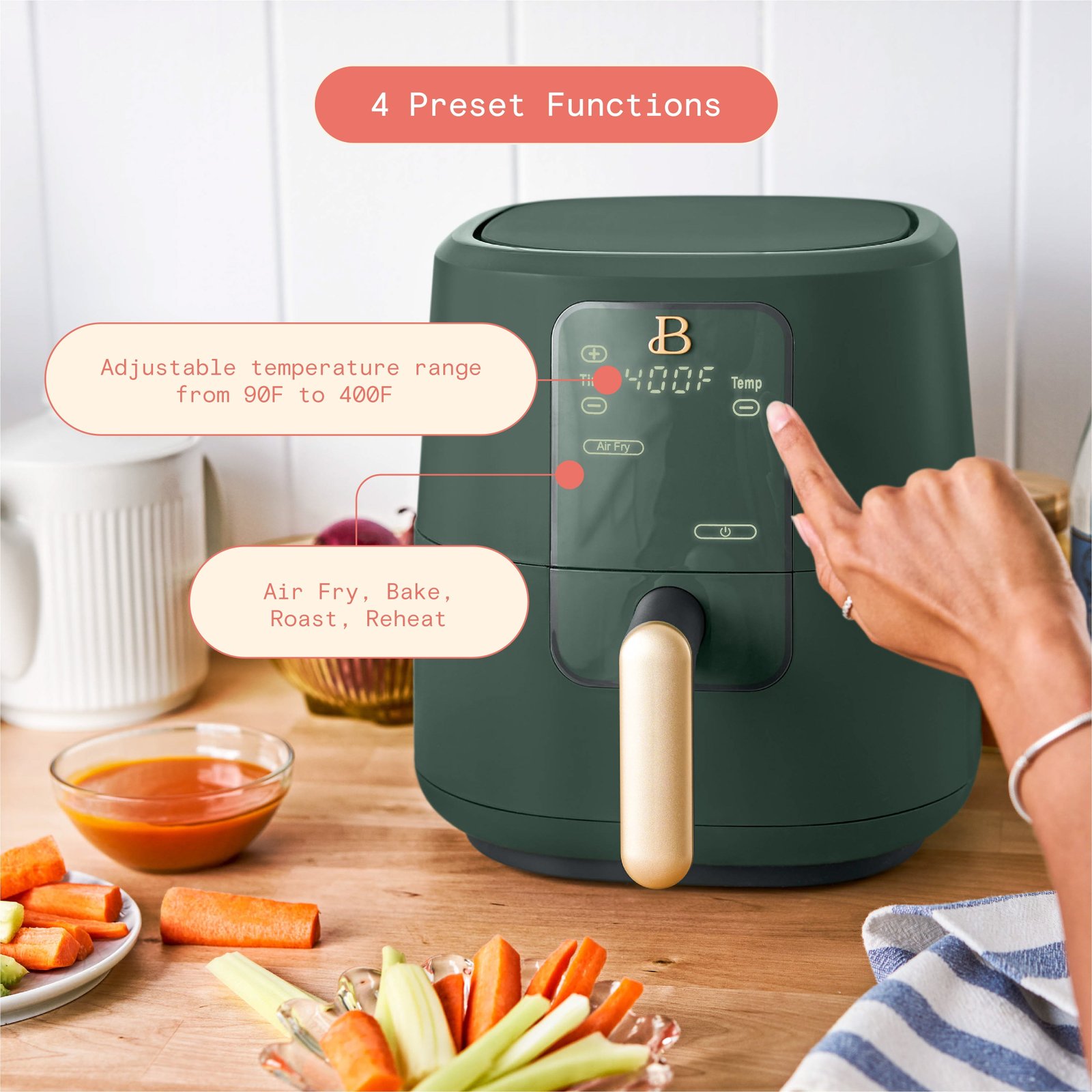 Beautiful 3 Qt Air Fryer with TurboCrisp Technology, EverGood Ceramic Nonstick Coating, Thyme Green by Drew Barrymore