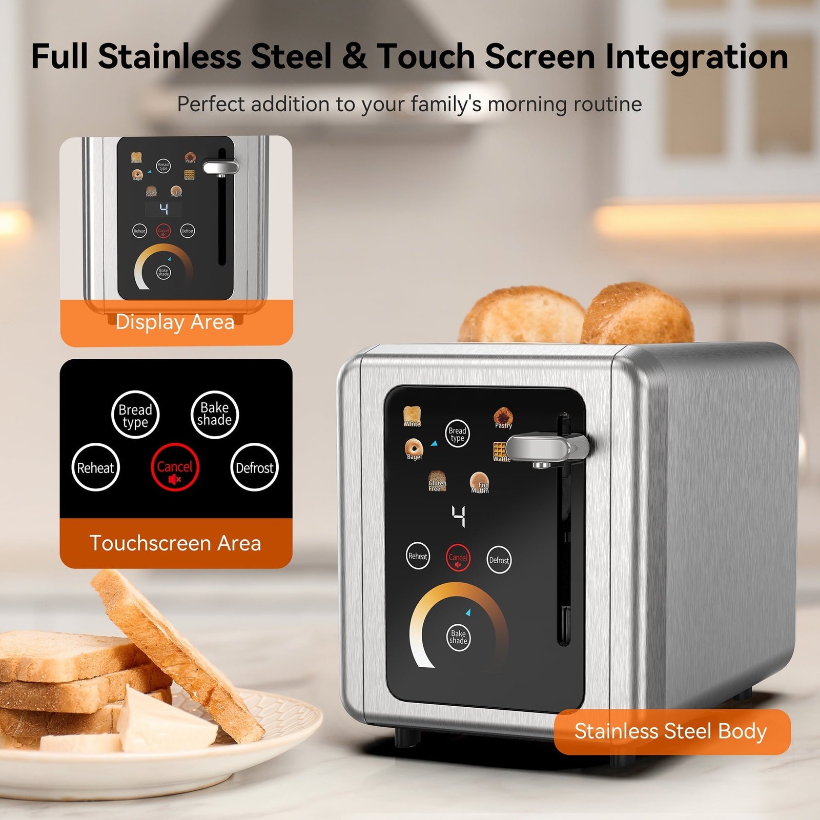 WHALL 2 Slice Toaster, Touchscreen Toasters with Stainless Steel, Wide Slots, Bagel, Defrost, 850W