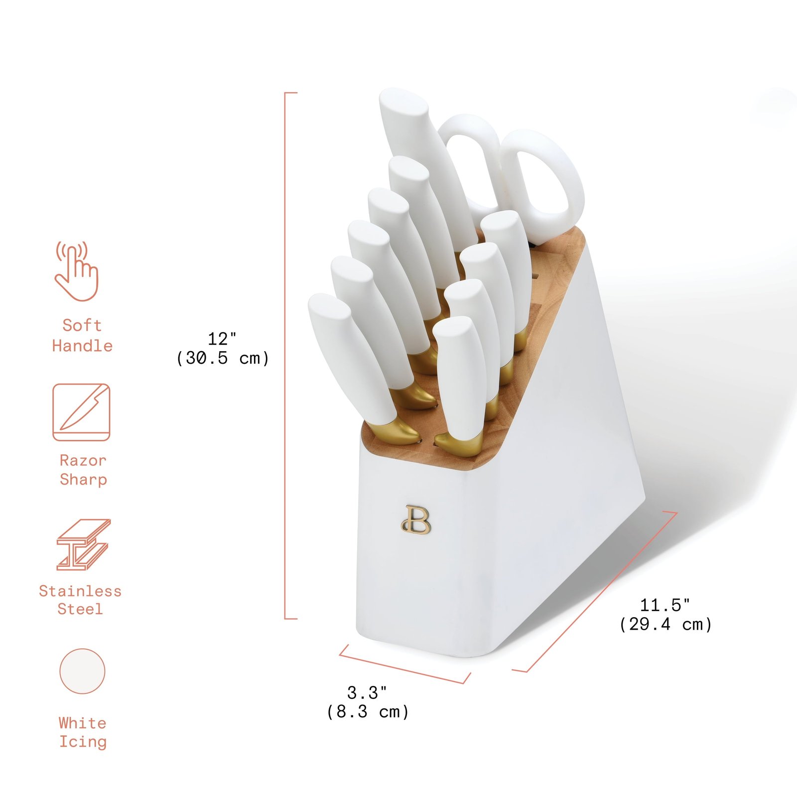 Beautiful 12 Piece Stainless Steel Knife Block Set, Soft-Grip Handles White Icing by Drew Barrymore