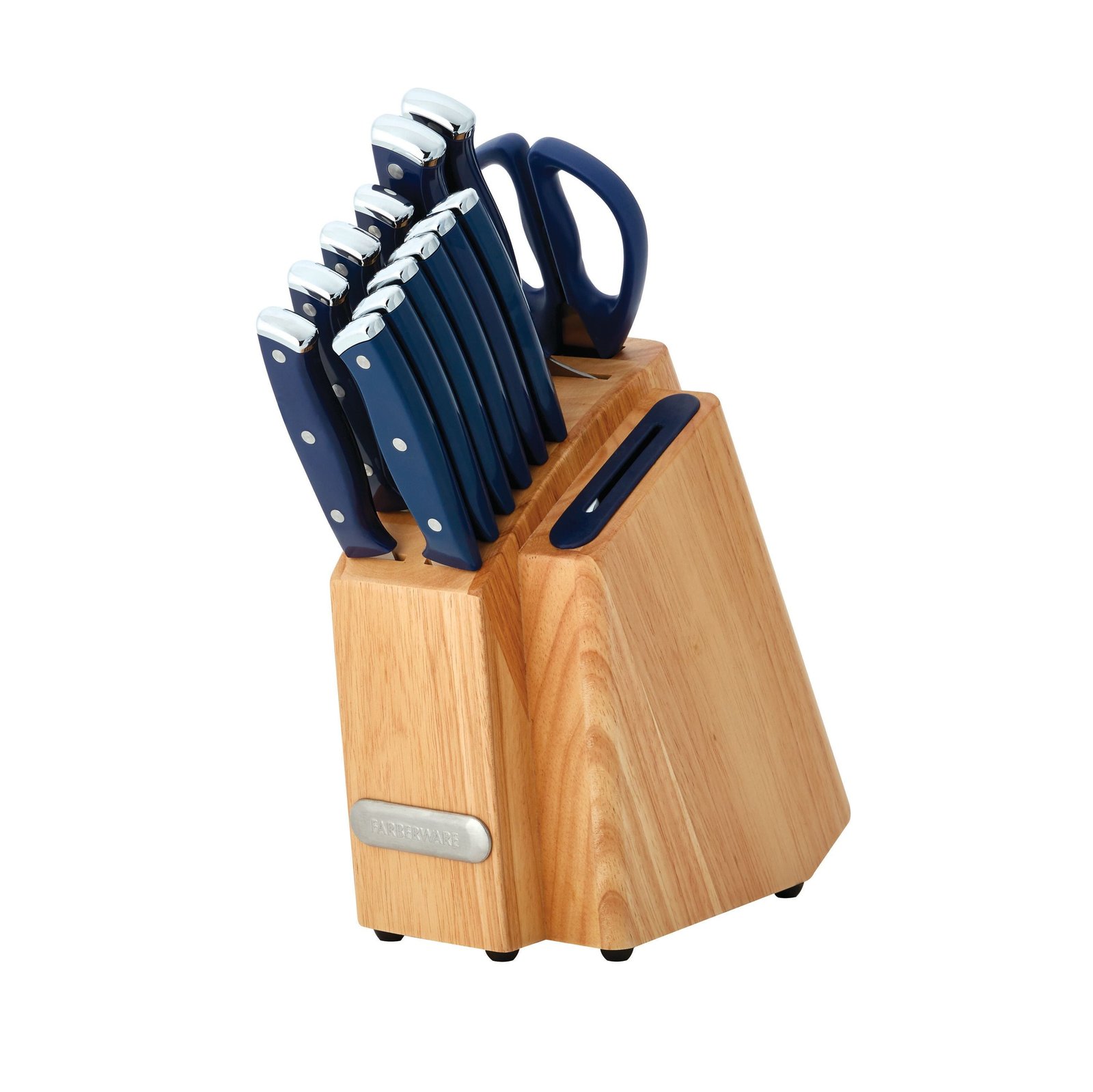 Farberware EdgeKeeper 14-Piece Stainless Steel Triple Riveted Slim Knife Set, Block Built-in Sharpener Navy